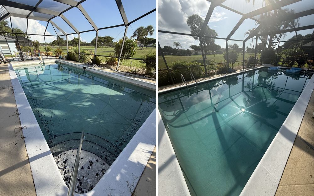 Before and after pool resurfacing in a screened lanai